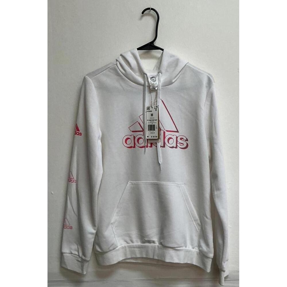 Adidas White Hoodie with Pink Logo Aeroready  - Medium